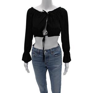 Jennifer Hope Womens Cropped Silk Blouse Black Long Sleeve Bohemian Size XS